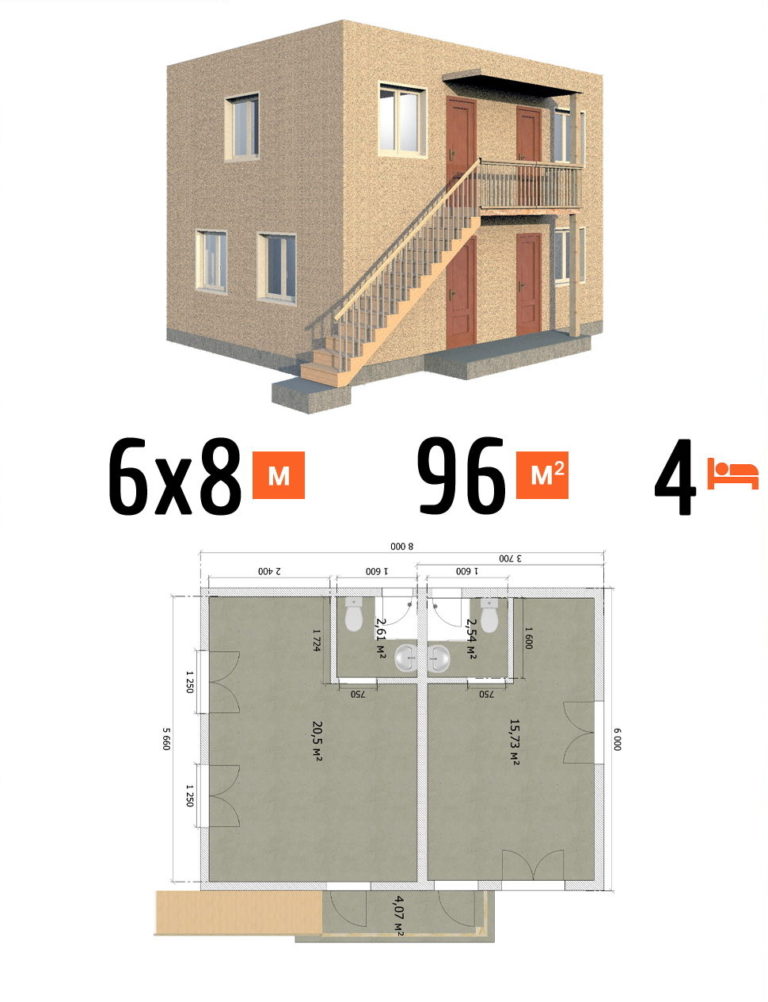 Проект гостиницы 96 кв.м 4 номера 6 на 8 двухэтажная - расчет строительства фото и планы