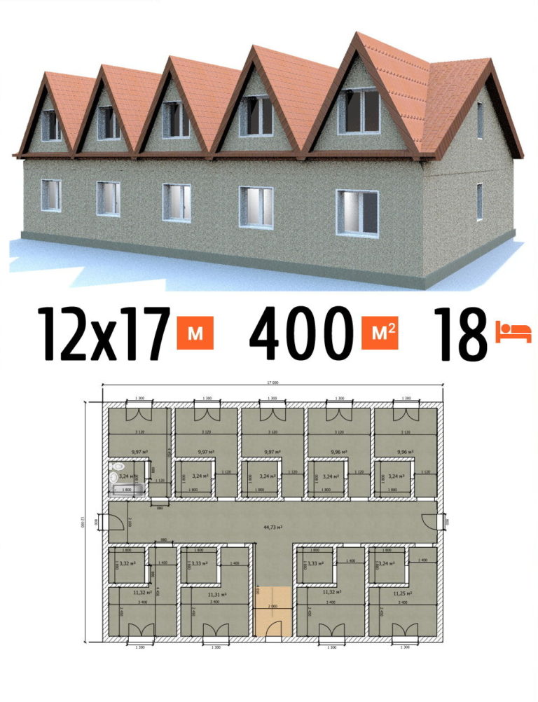 Проект гостиницы 400 кв.м 18 номеров 12 на 17 двухэтажная - расчет строительства фото и планы