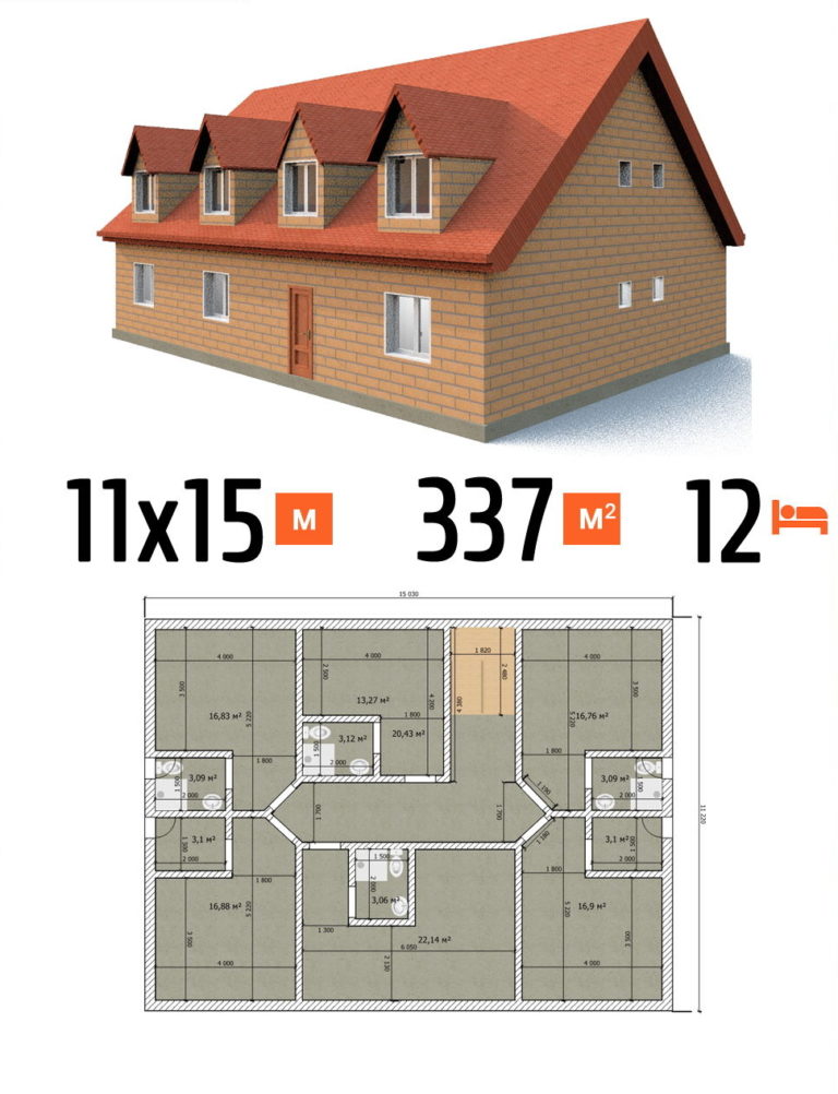 Проект гостиницы 337 кв.м 12 номеров 11 на 15 двухэтажная - стоимость под чистовую фото и планы