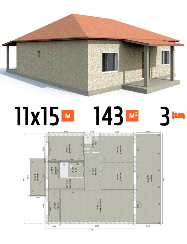 Проект дома 143 кв.м 3 спальни 11 на 15 одноэтажный - расчет под чистовую фото и планы